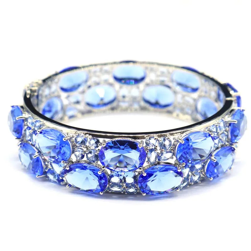 24x20mmEye Catching 51.2g Big Size Pink Kunzite Blue Aquamarine Violet Tanzanite Iolite Silver Bangle Bracelet 7.5inch