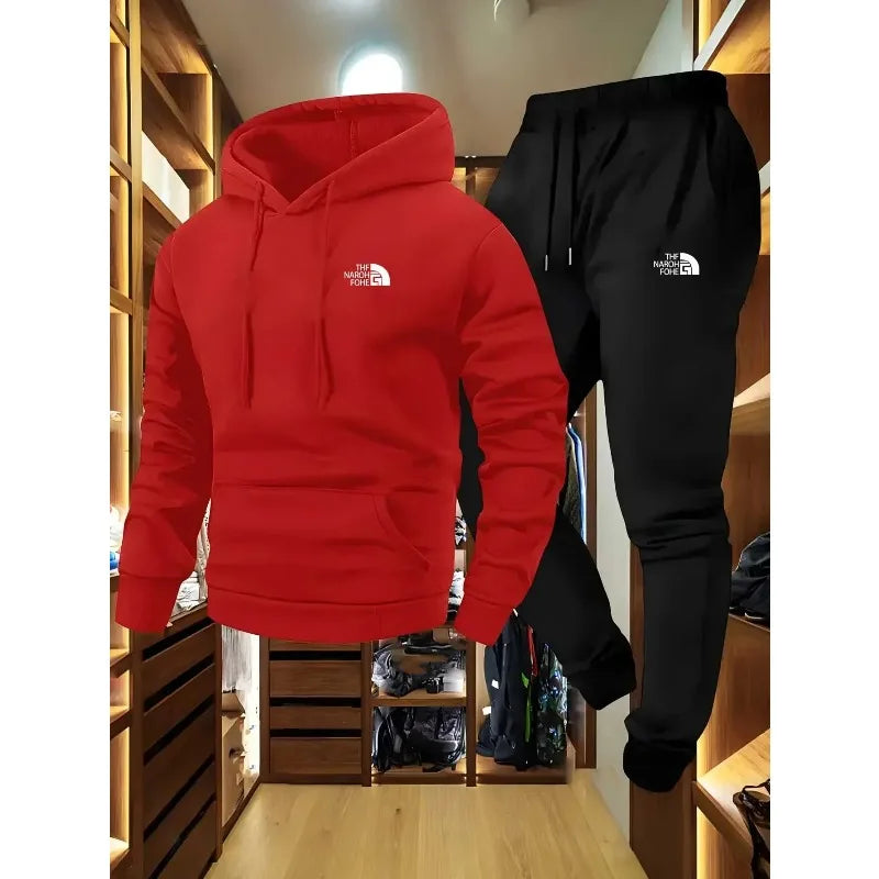 Men's Autumn and Winter Pattern Casual Two-Piece Set Hooded Sweatshirt and Pants with Pockets Regular Fit Outdoor Sport Suit