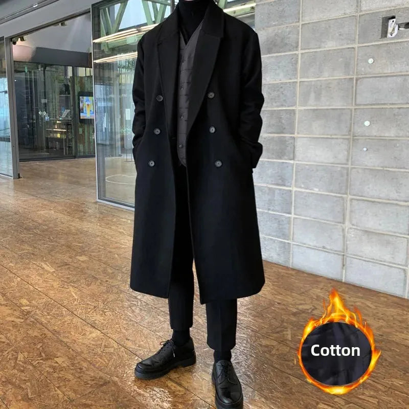 Jaqueta Masculina Nova 2023 de Comprimento Médio, Modelo Grosso, Abotoamento Duplo, Sensação Premium, Sobretudo de Lã Estilo Coreano para Outono Inverno