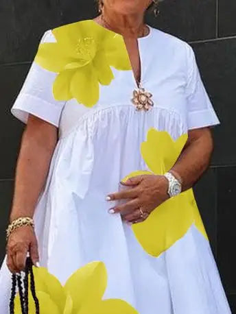 Women's Summer New Dress 2025 V-Neck Pleated Short Sleeves White Loose Flower Print Casual Midi Dresses for Woman