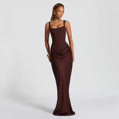 Women's casual long sleeved slim fit fishbone pure desire suspender jumpsuit long skirt slim fit solid color hip hugging dress