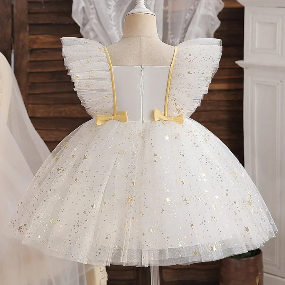 Princess Dress for Girls Sequined Star Ruffle Bow Tutu Gown Baby Formal Gala Prom Gown Kids Evening Party Costume