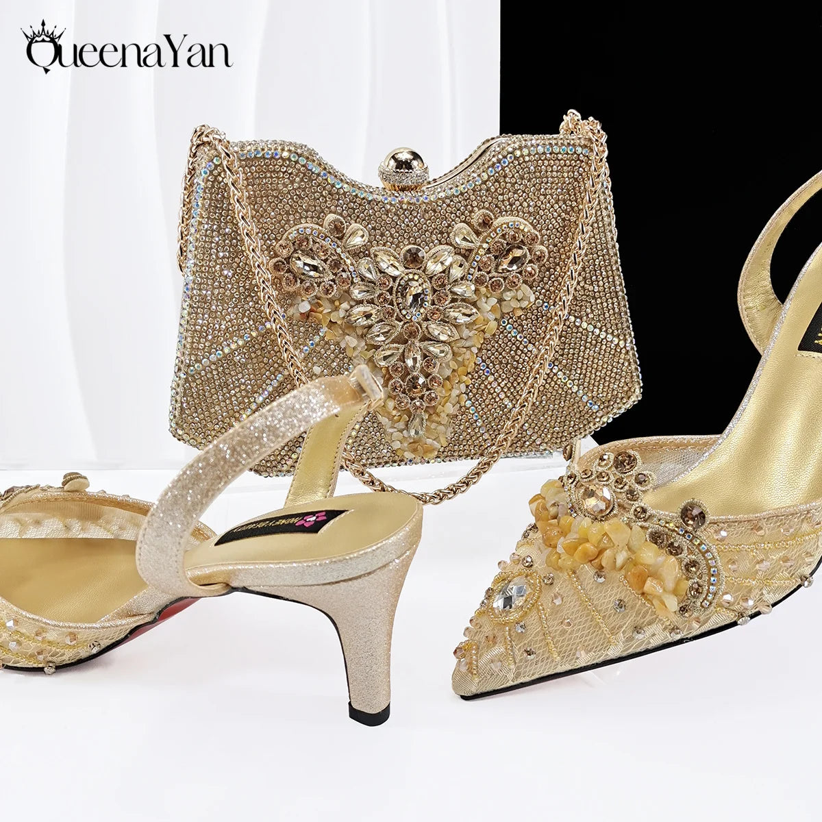 Purple Color Rhinestone Decoration Design Party Wedding Lady Pointed Toe High Heels and Bag Set