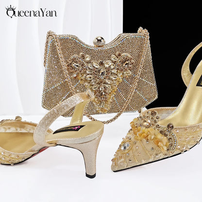 Purple Color Rhinestone Decoration Design Party Wedding Lady Pointed Toe High Heels and Bag Set