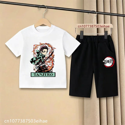 Demon Slayer Ghost Blade Art Print Kids T-Shirt Casual Shorts Manga Anime Style Boys Girls Summer Daily Casual Two Piece Outfit