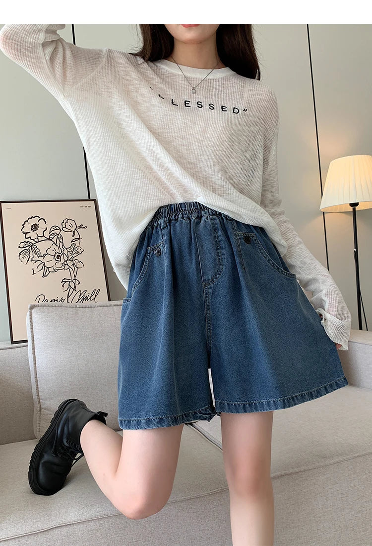 New 2024 Summer Plus Size Denim Shorts For Women High Elastic Wasit Wide Leg Loose Blue Jean Short Women Streetwear Half Jeans