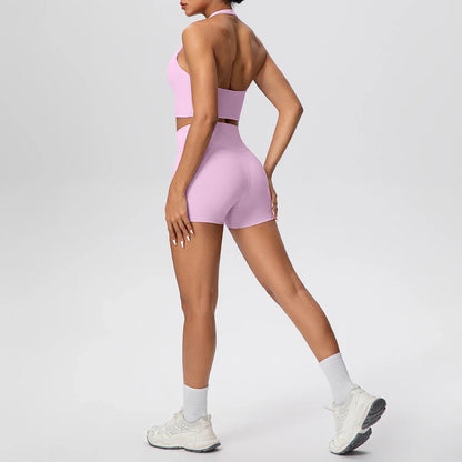 2picese Women Yoga Suit Solid Color High Waist Hip Push Up Fitness Shorts Sexy Pilates Backless Gym Hanging Neck Bra Yoga Set