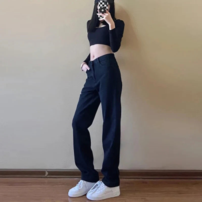 Fashionable Casual Straight Leg Women's Pure Black Jeans High Waisted Slim Fit Wide Leg Pants 2024 New Jeans