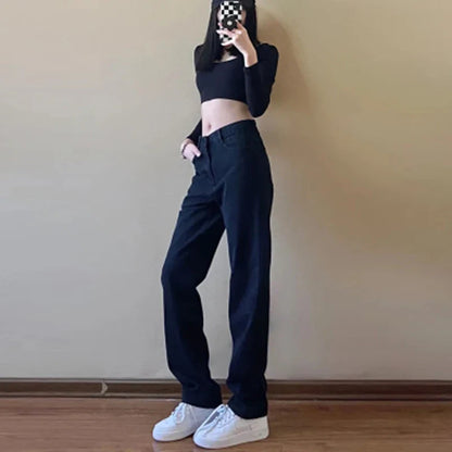 Fashionable Casual Straight Leg Women's Pure Black Jeans High Waisted Slim Fit Wide Leg Pants 2024 New Jeans