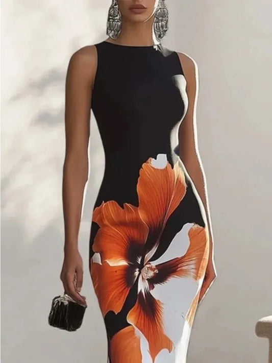 Skinny Sleeveless Flower Print Dress Women's Evening Dresses Elegant Sexy Outfit Black White Flowers Party Dress Robe