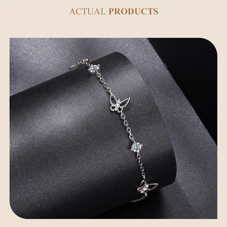Moissanite Hollowed Butterfly Bracelet Adjustable 925 Sterling Silver Wrist Link Chain for Women Teen Romantic Gift