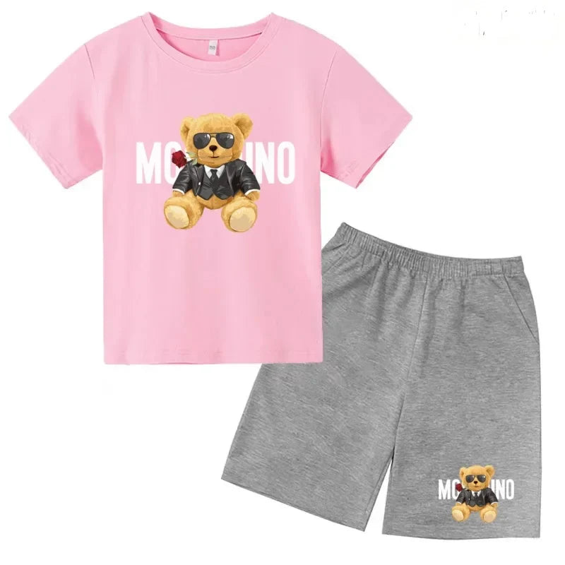 Boys Girls Summer Casual 2Pcs Set Lovely Bear Letter Print T-shirt & Shorts Comfortable Sports Running Suit