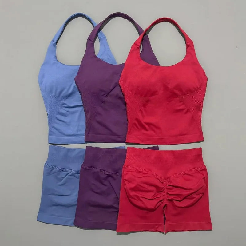 Women Seamless Gym Set 2Pcs Halter Neck Sports Crop Top High Waist Scrunch Butt Shorts Workout Fitness Yoga Tracksuit Sportswear
