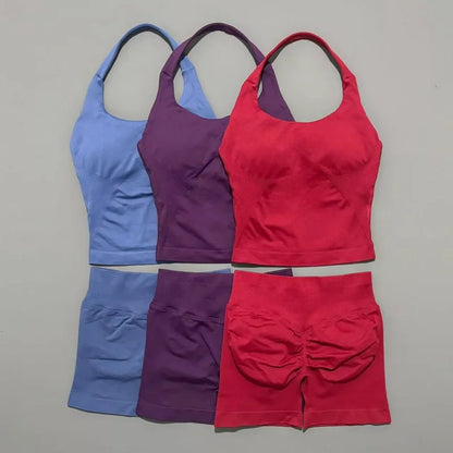 Women Seamless Gym Set 2Pcs Halter Neck Sports Crop Top High Waist Scrunch Butt Shorts Workout Fitness Yoga Tracksuit Sportswear
