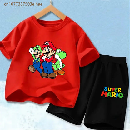 Cute Mario Pattern Children 2 Piece Suits Pure Cotton Short Sleeve Tee Tops + Fashion Shorts Summer Casual Daily Wear