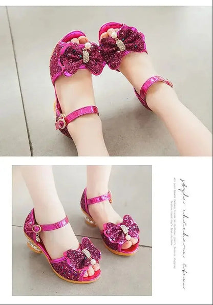 Girls Sandals Summer 2023  New Children's Princess Shoes Little Girls High-heeled Bow-knot Crystal Sandals Party Dress Wedding