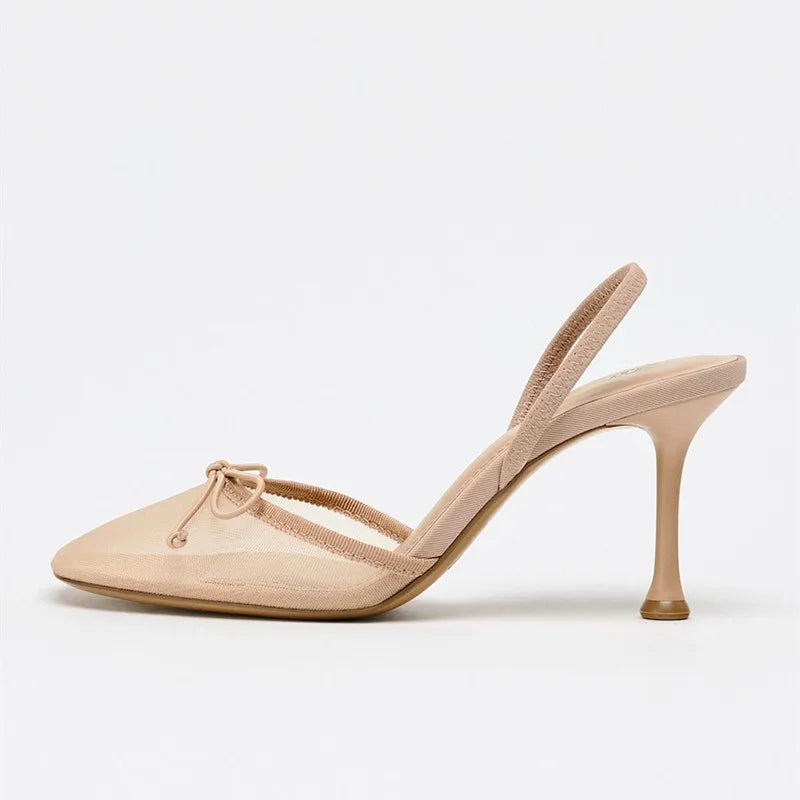 Summer Mesh Bow Designer Shoes for Women Comfortable Thin Heeled Sandals Elegant Slingbacks Women Pumps Wedding Dress High Heels