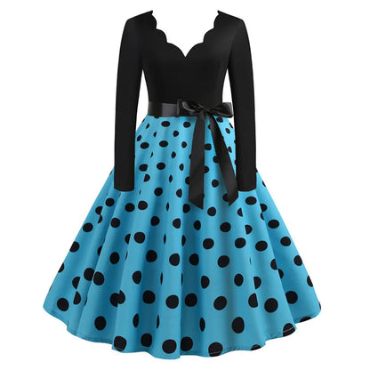 Women Vintage Long Sleeve Polka Dot Dress Spring Autumn New Year Party Dresses 3XL Black Vestidos