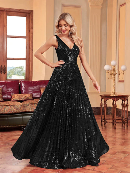 Luxury V-Neck Black Sleeveless Formal Evening Dresses Women Sequins Wedding Party Prom Maxi Cocktail Dresses Vestidos