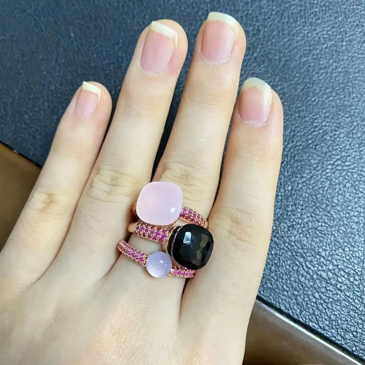 Conjunto de 3 anéis empilháveis ​​Nudo para mulheres, conjunto com cores mistas, cristais tipo bala incrustados, zircônia, ametista, topázio azul, joia redonda, presente