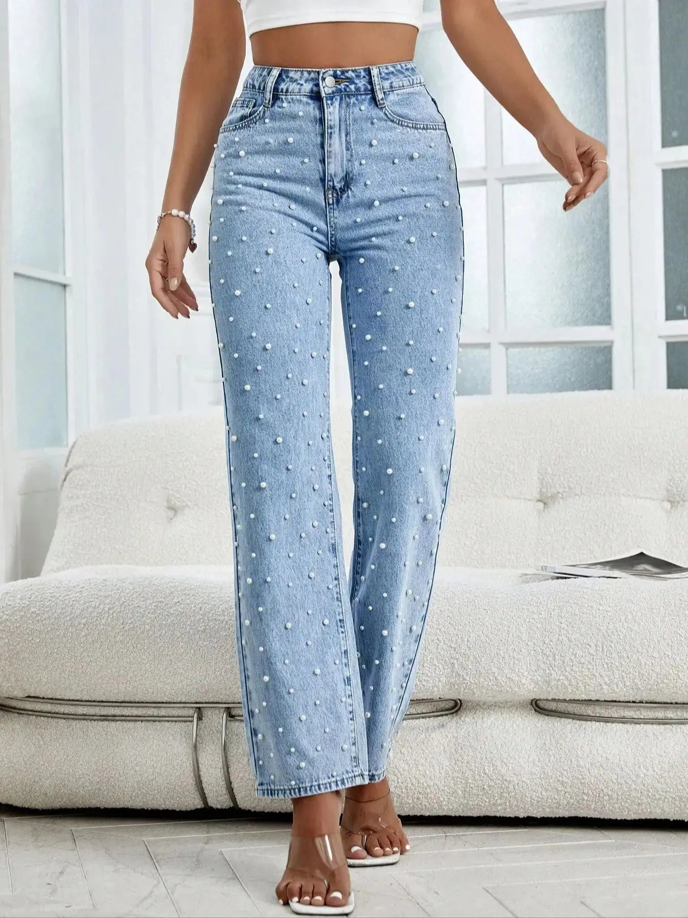 Women Straight-Leg Denim Jeans with Fashion Faux Pearl Detail