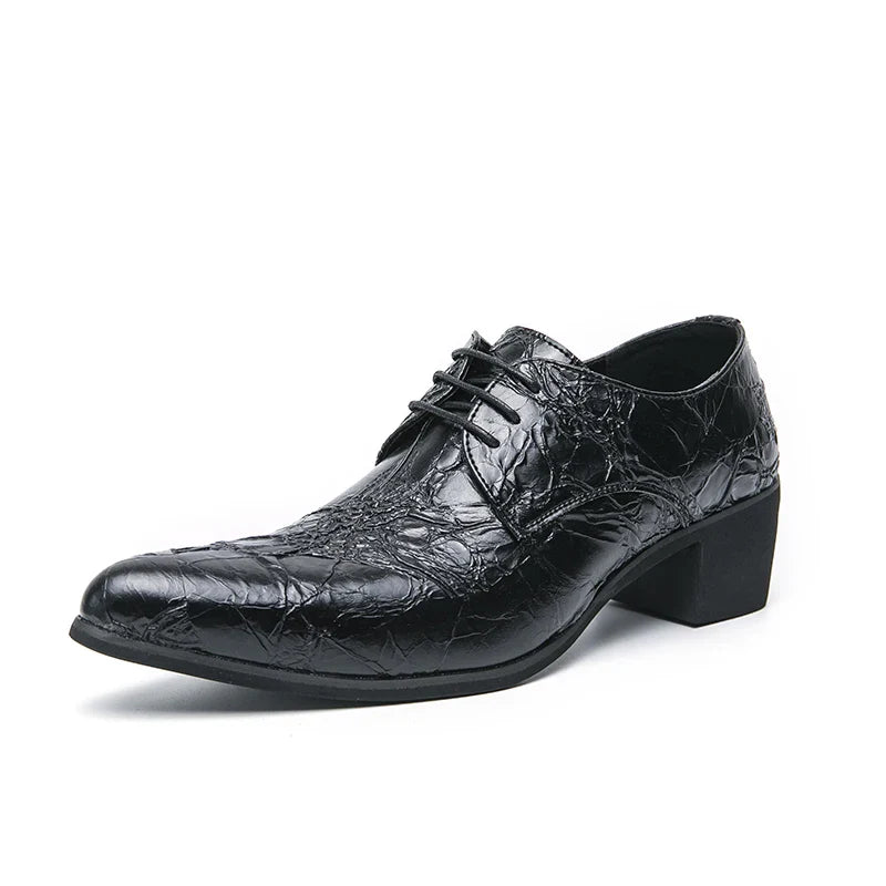 Men High Heeled Lace Up Derby Shoes PU Embossed Fashionable  Comfortable Business Formal Banquet Men Shoes