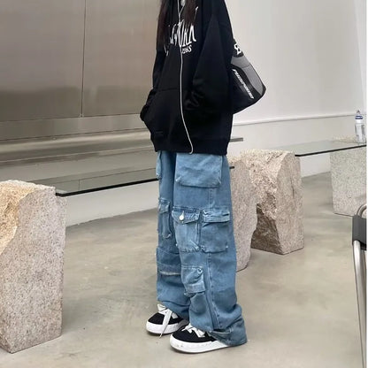 Jeans Feminino Moderno para Trabalho | Jeans Preto e Cinza de Rua com Vários Bolsos | Design Funcional Americano de Cintura Alta