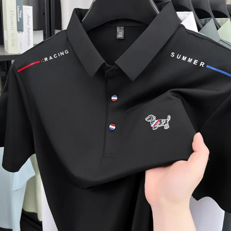 New Business Men's Lapel Polo Shirt High End Design Cartoon Dog Print Short Sleeve T-Shirt Summer Fashion Breathable Men's Wear