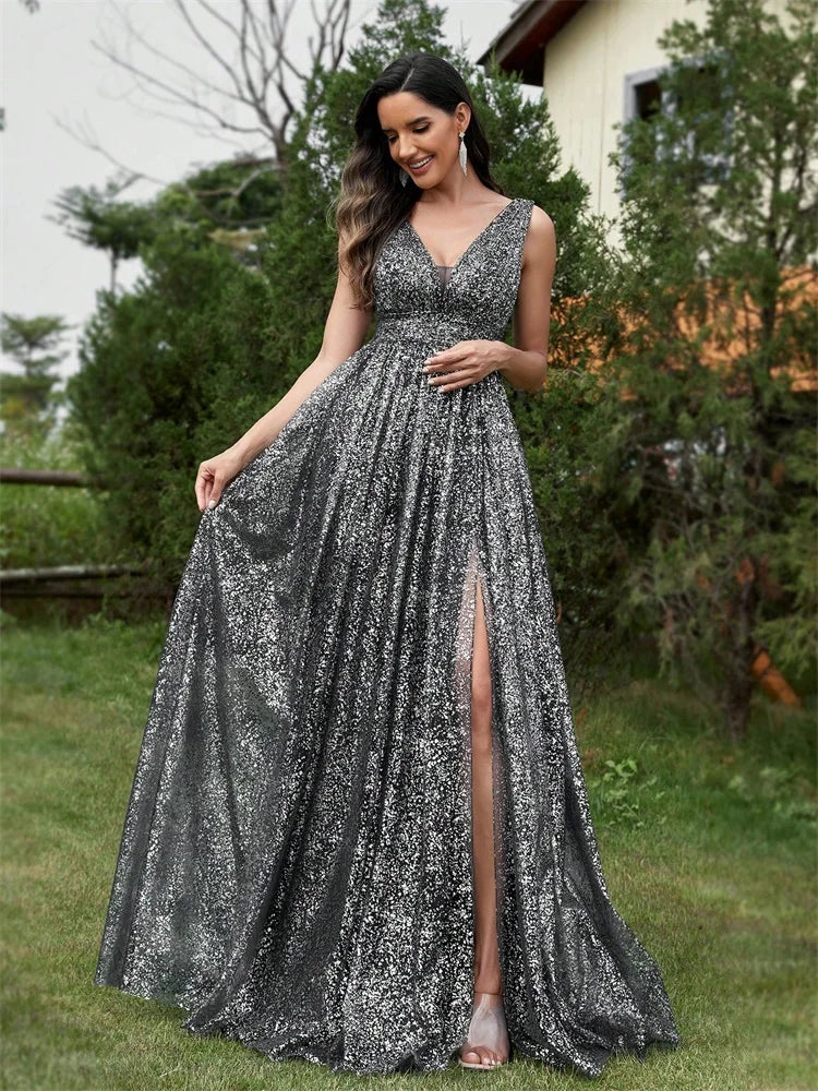 Vestido de Noite Luxuoso com Decote em V e Tecido Brilhante Longo Elegante Feminino Sereia Festa Baile de Formatura 2025 Fenda Coquetel