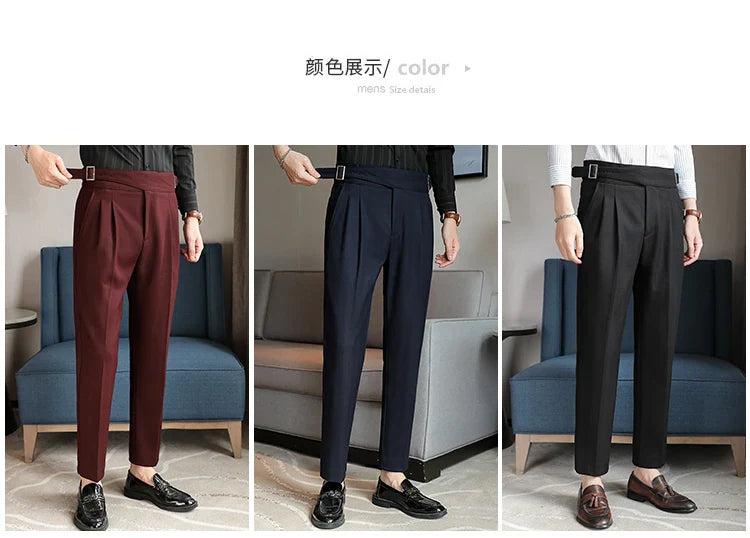 Luxury Men's Slim High-Rise Dress Pants - Heavyweight Subtle Stripe with 3D Pleats & Naples Tailoring