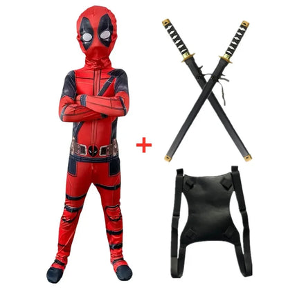 Deadpool Movie Superhero Costume for Kids Justice Hero Bodysuit Halloween Mask Performance Costume Toddler Party  with Toy Gift