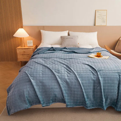 Luxury Grid Coral Velvet Blanket - Soft Fluffy Plush Throw, Thickened Warm for Sofa & Air-Condition Room, Flannel Back