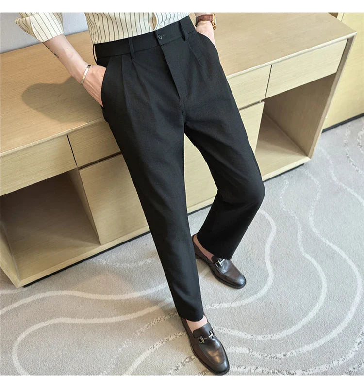 Men's Old Money Style Linen-Cotton Pleated Dress Pants – Lightweight, Semi-Elastic Waist & Wrinkle-Free for Summer