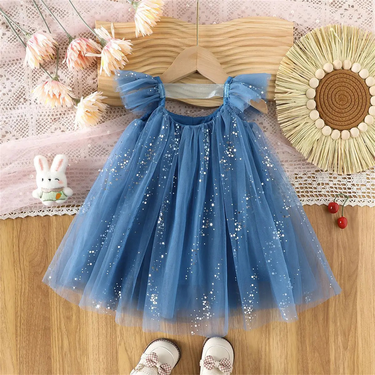 2026 Summer 1-5Y Korean Style Girls Suspender Dress Kids Flutter Sleeve Mesh Breathable Daily Party Dress Children Clothes