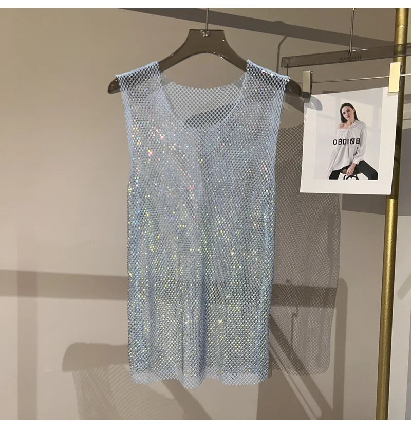 Women&Men Crystal  Rhinestones Shiny Sexy Y2K Tank Tops High Quality Party Club Sexy See Through Mesh Hollow Out Diamond shirt