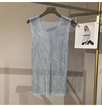 Women&Men Crystal  Rhinestones Shiny Sexy Y2K Tank Tops High Quality Party Club Sexy See Through Mesh Hollow Out Diamond shirt