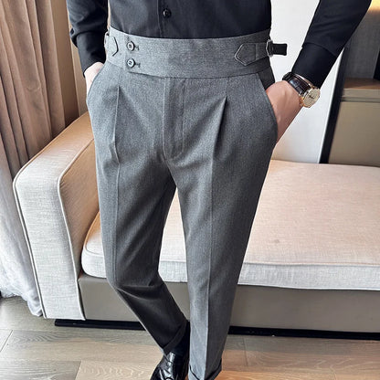 New Spring Autumn High Waist Smart Casual Dress Pants Men Belt Design Slim Suit Pants Formal Wedding Social Party Mens Trousers