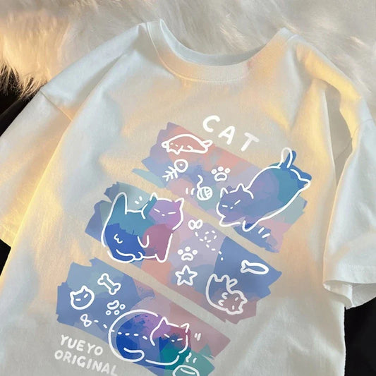 Funny Japanese Style Naughty Cat Print T-shirts for Women Summer Breathable Fashion T-shirts Cartoon Casual Tops Clothing