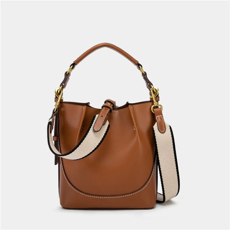 New Women's Large Capacity Bucket Bags with Wide Shoulder Strap Single Shoulder Handbag Drawstring Handheld Crossbody Bags