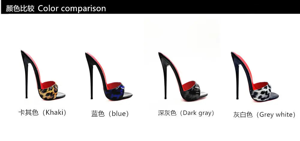 New 12cm fashionable high-heeled patent leather leopard print slippers with sexy open toed sandals, reversed size, 33-46