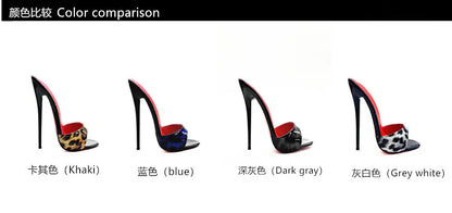 New 12cm fashionable high-heeled patent leather leopard print slippers with sexy open toed sandals, reversed size, 33-46