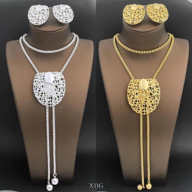 18K Gold Plated Necklace And Earrings For Women Set 85cm Long Chain Dubai Gold Color Silver Color Jewelry Adjustable Length 3pcs