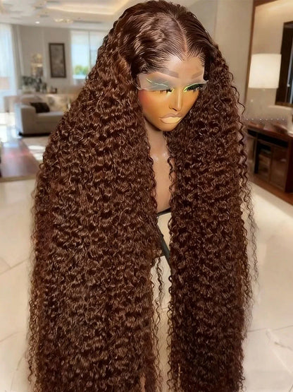Chocolate Brown 13x4 Human Hair Wigs HD Lace Human Hair Wig 34 Inch Brown Deep Curly Lace Frontal Wigs 13x4 Transparent Lace Wig
