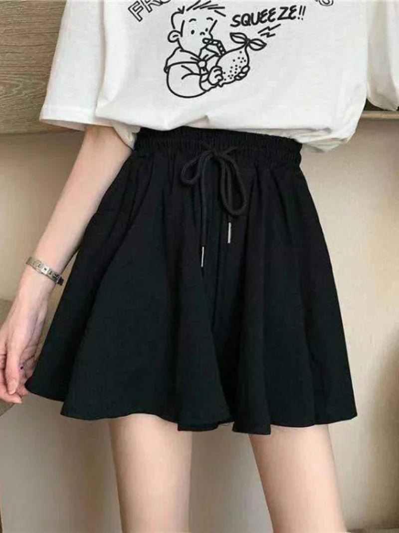 5Xl Summer Shorts Skirts Women Elastic High Waist Casual Wide Leg Shorts Korean A Line Loose Mini Skirt Black Short Pants