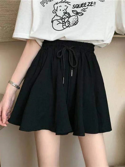 5Xl Summer Shorts Skirts Women Elastic High Waist Casual Wide Leg Shorts Korean A Line Loose Mini Skirt Black Short Pants