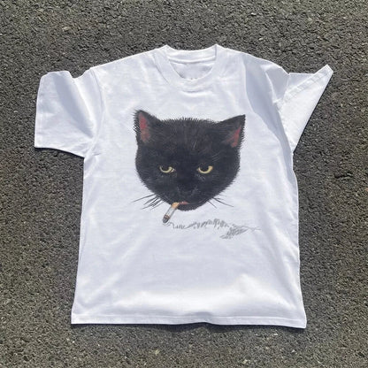 Y2k Smocking Cat Graphic Print Punk 90s Grunge Retro Rock Hip-hop Vintage Style White Crop Top Tee E-girl Sexy Emo T-shirt