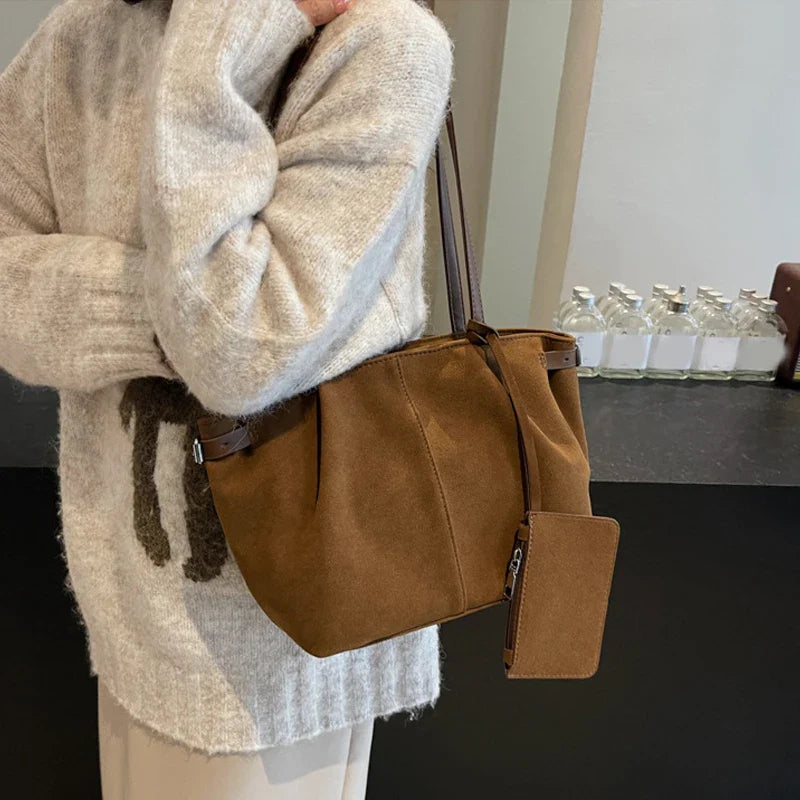 Suede Shoulder Bags for Women Large Suede Totes Lightweight Underarm Bag Casual Shopper Handbag Solid Color Travel Bucket Bags