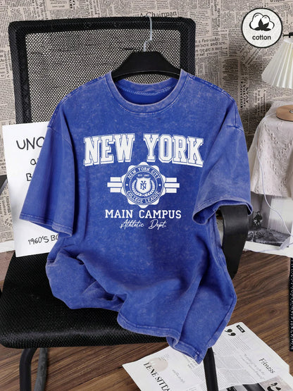 New York City Letter Printed Washed T-Shirts Men Oversize Cotton T Shirt Summer O-Neck Short Sleeve Tops Casual Male Clothes