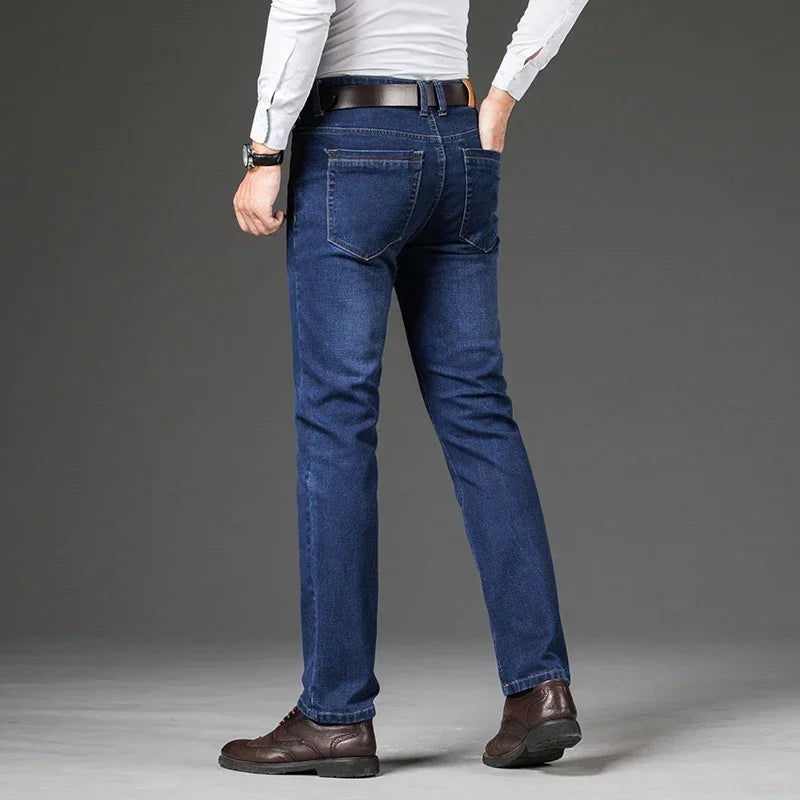 Tamanhos Grandes 40 42 44 46 2025 Nova Calça Casual Social Elástica Calça Jeans Azul Clássico Masculina Calça Jeans Solta Reta Masculina