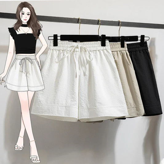 Plus Size Summer Shorts For Women 2025 Summer Ice Silk Drawstring Large Size Loose Shorts Women Korean Streetwear Shorts Female